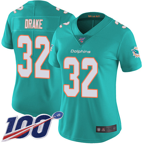 Nike Miami Dolphins #32 Kenyan Drake Aqua Green Team Color Women Stitched NFL 100th Season Vapor Limited Jersey->women nfl jersey->Women Jersey